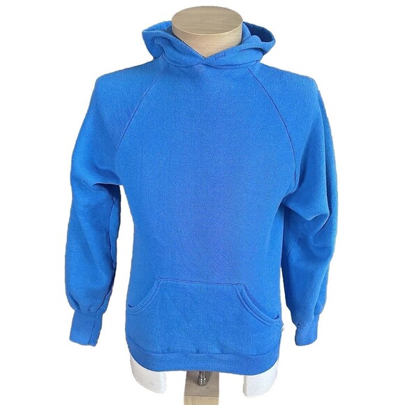 Vintage 80’s Plain Blue Blank Logo 7 Hoodie Sweatshirt Made In USA - Picture 1 of 4